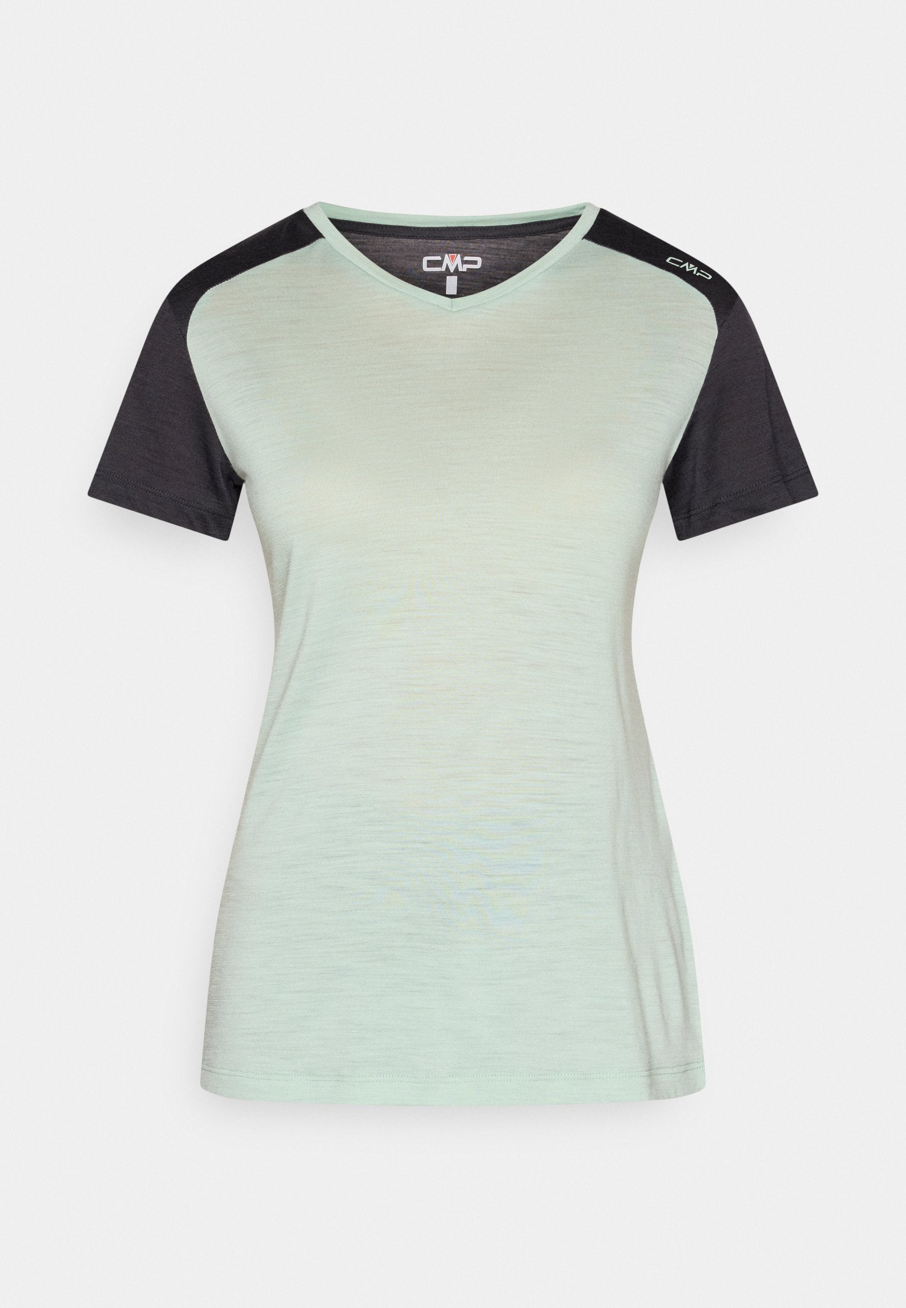 Hellgrünes Sport-T-Shirt mit V-Ausschnitt und schwarzen kurzen Ärmeln, CMP-Logo auf Brust und rechter Schulter.