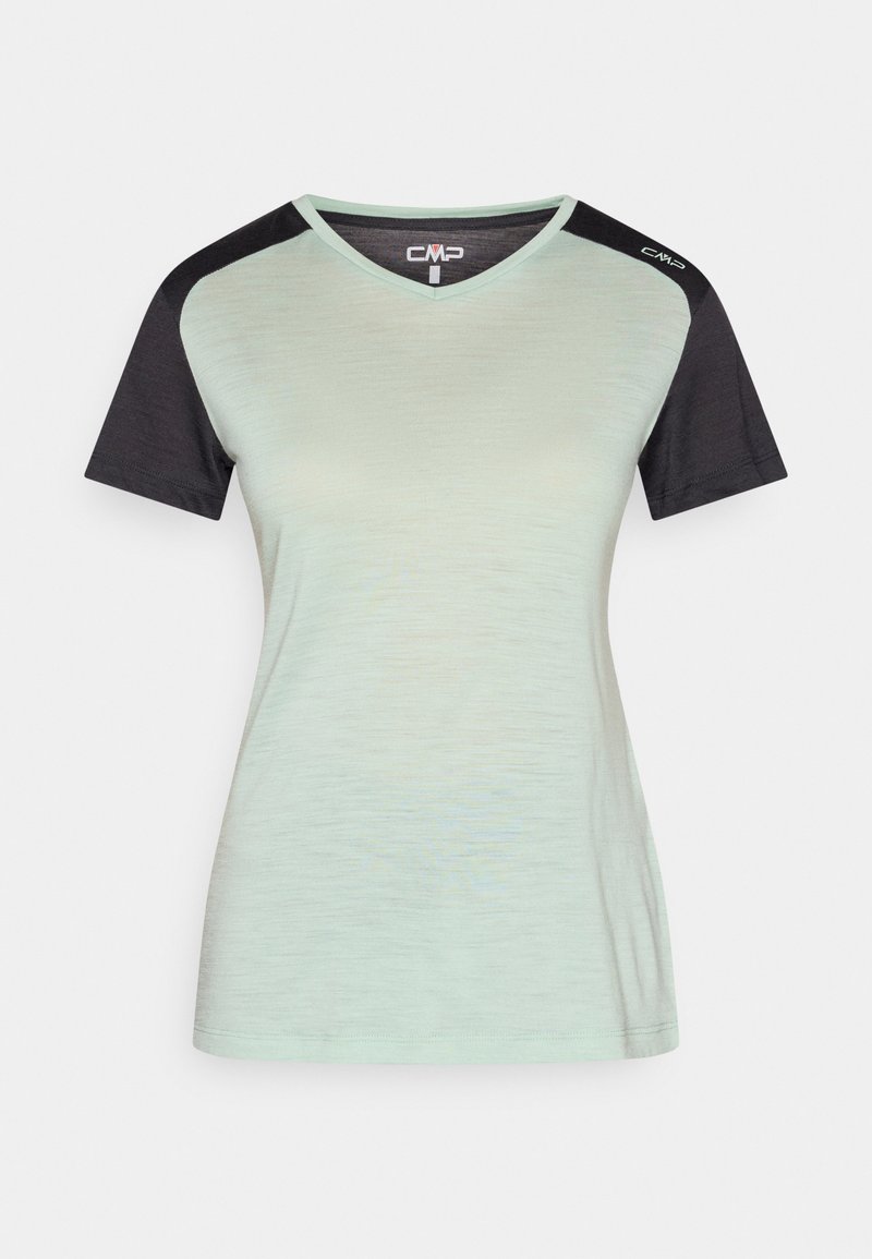 Hellgrünes Sport-T-Shirt mit V-Ausschnitt und schwarzen kurzen Ärmeln, CMP-Logo auf Brust und rechter Schulter.