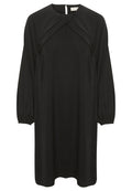 Schwarzes Kleid mit rundem Halsausschnitt, gerafftem Vorderteil und langen Puffärmeln mit elastischen Bündchen. Glattes Material und knielange Passform.