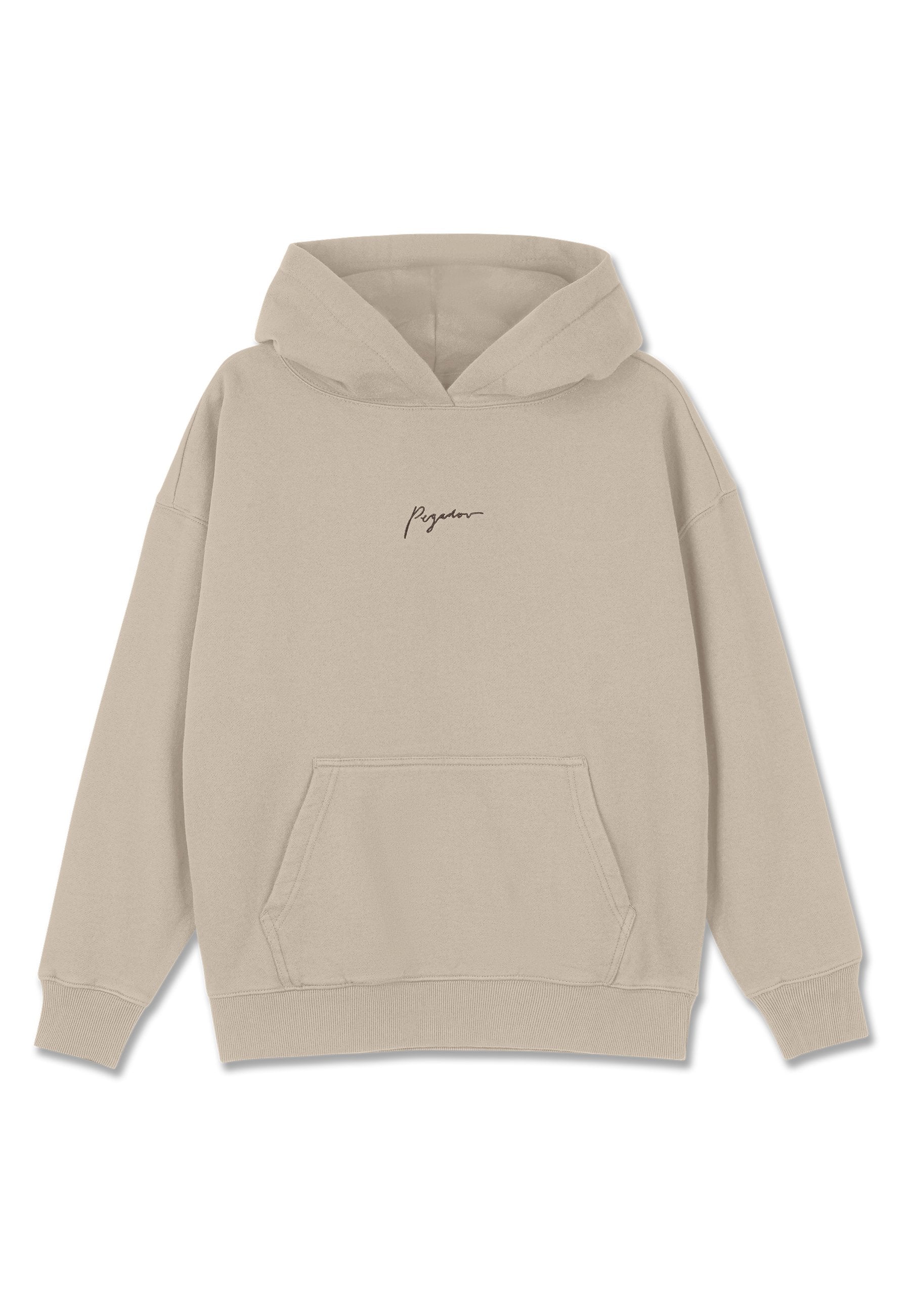 Beige Hoodie aus weichem Material, mit einer Fronttasche, gerippten Bündchen und einer Kapuze mit Kordelzug. Minimalistisches Text-Logo in dunklerer Farbe.