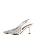 Weiße, gewebte Slingback-Pumps mit spitzer Zehenpartie und schmalem Absatz. Glattes Obermaterial mit offenem Design und Schnallen-Detail.