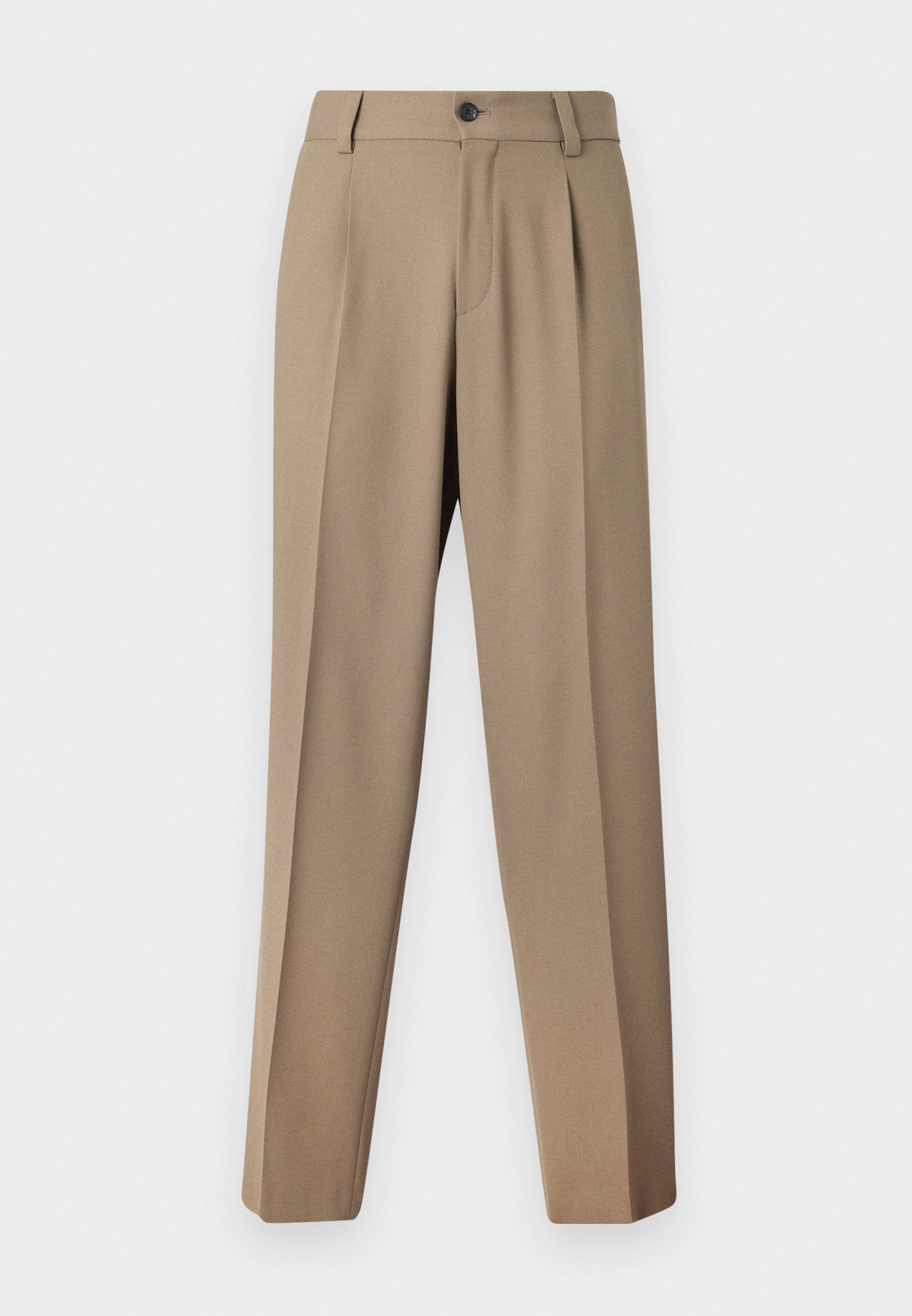 Beige maßgeschneiderte Hosen mit flacher Vorderseite, strukturiertem Bund und einem einzelnen Knopfverschluss. Der Stoff ist glatt und leicht strukturiert.