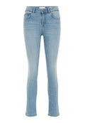 Hellblaue, enganliegende Jeans aus Denim mit mittelhoher Taille, fünf Taschen und Knopfverschluss. Sie verfügen über eine glatte Textur und ein minimalistisches Design.