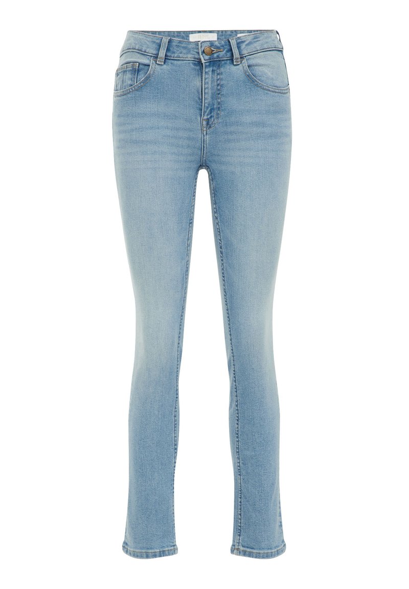 Hellblaue, enganliegende Jeans aus Denim mit mittelhoher Taille, fünf Taschen und Knopfverschluss. Sie verfügen über eine glatte Textur und ein minimalistisches Design.