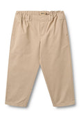 Beige Baumwollhosen mit elastischem Bund, geradem Bein und dezenten Nahtdetails. Keine sichtbaren Taschen oder Verzierungen.