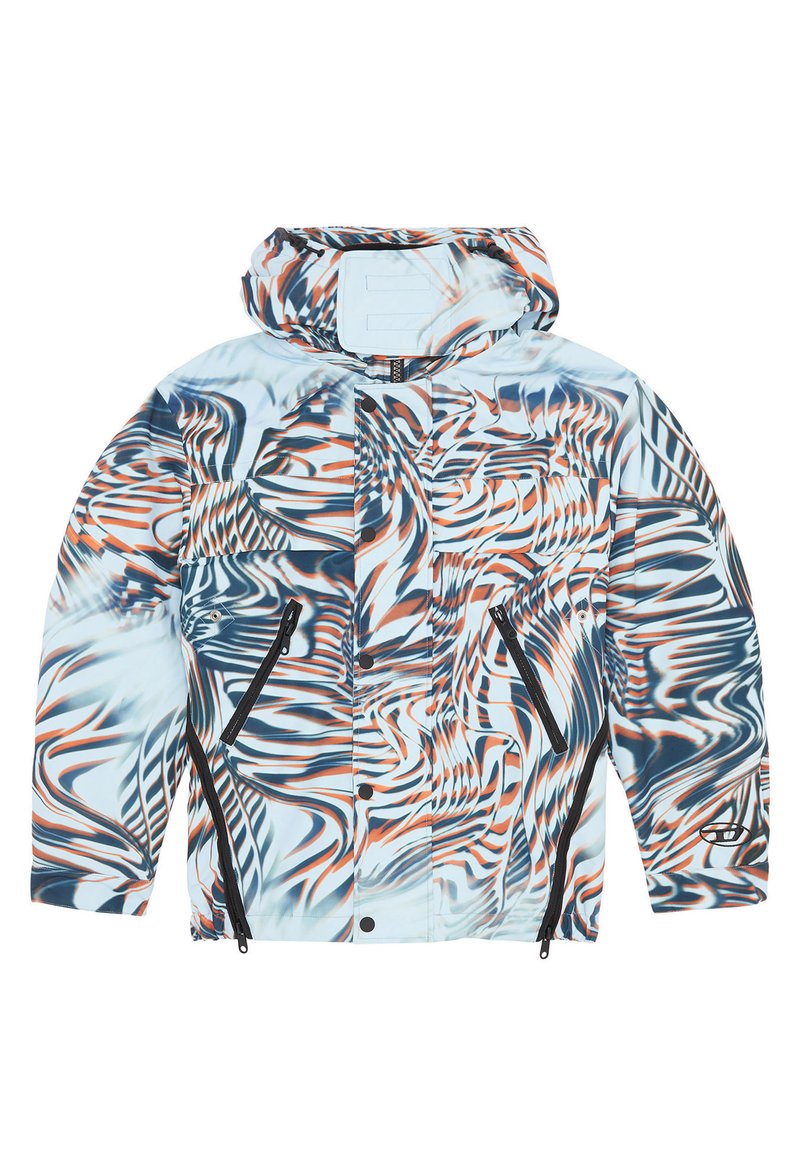 Bunte Jacke in Blau, Weiß und Orange mit einem wirbelnden Muster, Kapuze, seitlichen Reißverschlusstaschen und Druckknopfverschlüssen.