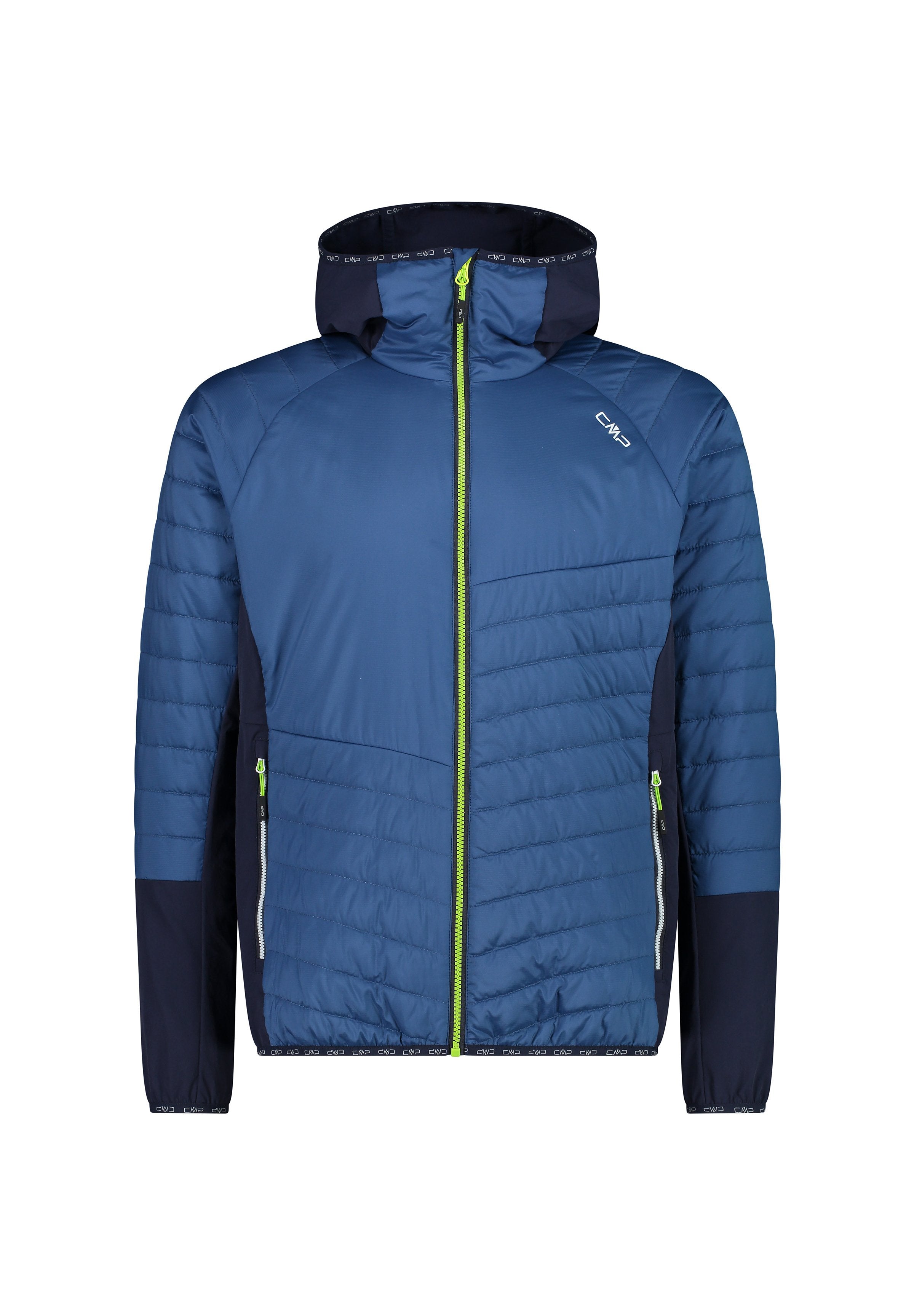 Männliche blaue Pufferjacke mit Kapuze, ausgestattet mit einem durchgehenden Reißverschluss, grünen Akzenten, Seitentaschen und einem strukturierten Stoffdesign.
