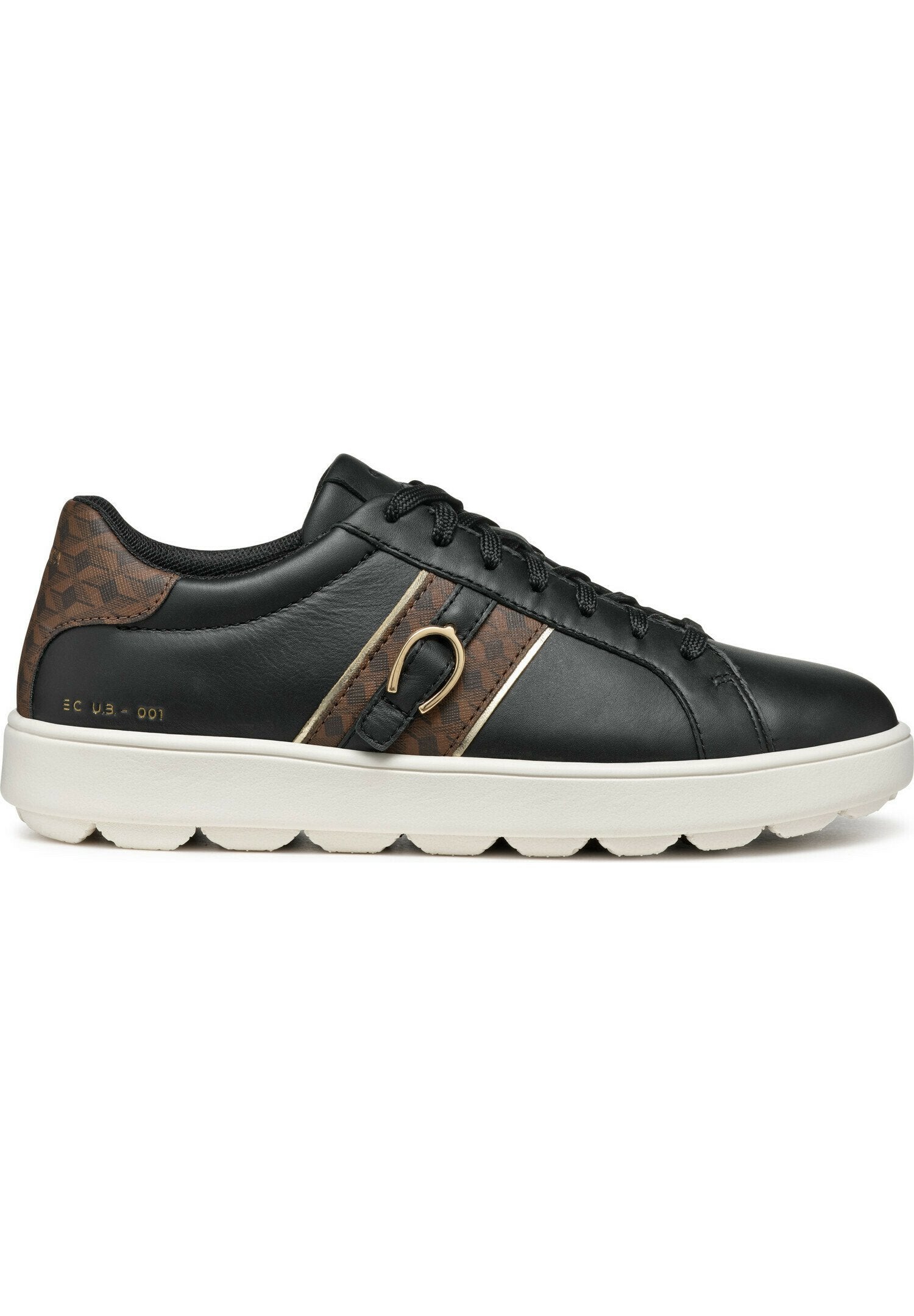 Schwarze Leder-Sneaker mit texturierten braunen Akzenten, weißer Gummisohle und goldenen Details. Verfügt über eine Schnürung und ein kontrastierendes Streifendesign.