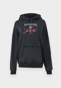 Dunkelgrauer Hoodie mit einer Vordertasche, verstellbarem Kordelzug und leuchtendem Logo-Text in Pink, Blau und Grün mit etablierten Details.