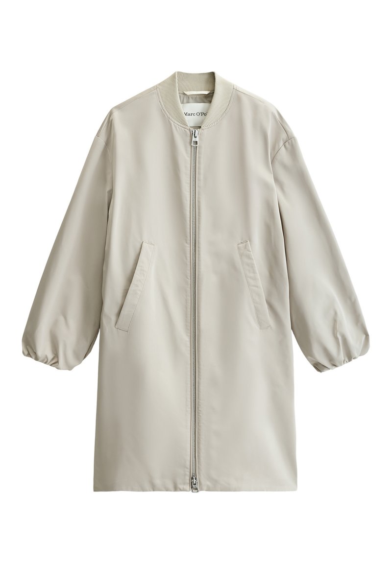 Hellbeige langer Bomberjacke mit geripptem Kragen, Reißverschluss vorne, schrägen Seitentaschen und elastischen Ärmelbündchen.