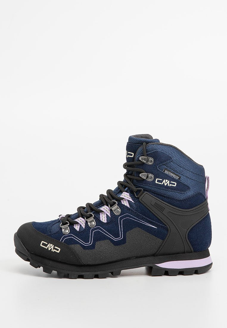 Wasserdichte Wanderschuhe in Marineblau und Schwarz. Aus Textil- und Gummimaterialien gefertigt, mit Schnürverschluss und gemusterten Akzenten an der Seite.