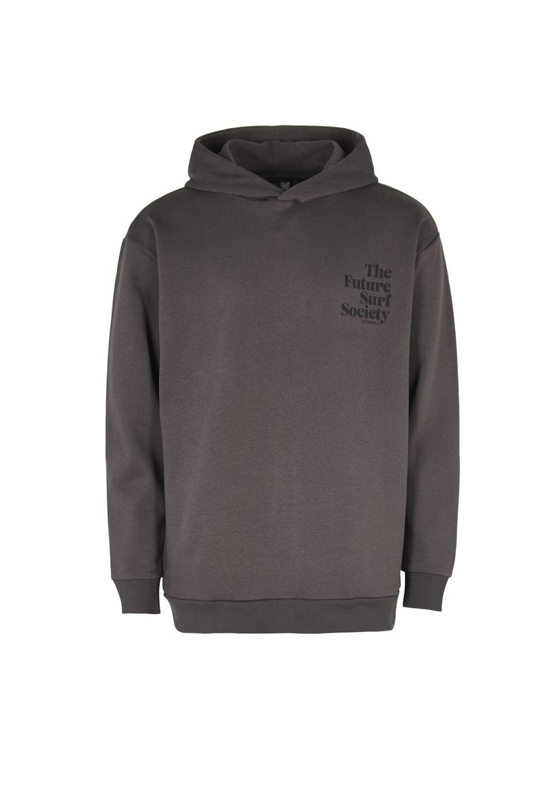 Dunkelgrauer Pullover mit Kapuze, langen Ärmeln und einer Fronttasche. Mit einem bedruckten Logo im linken Brustbereich. Aus weichem Baumwollmaterial.
