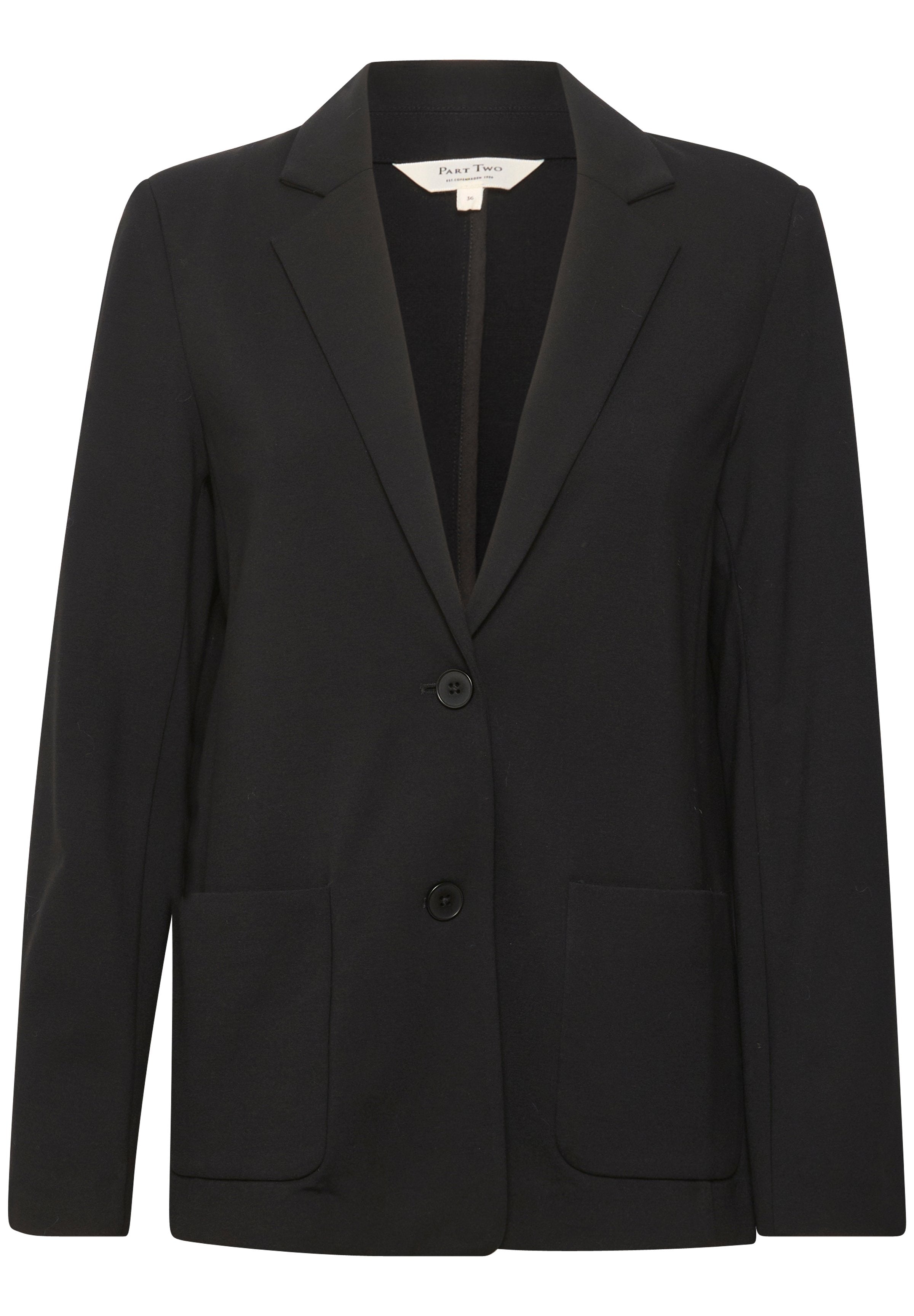 Schwarzer Blazer aus glattem Stoff mit einem Reverskragen, zwei Fronttaschen und einem Ein-Knopf-Verschluss. Schlichtes und tailliertes Design.