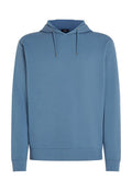 Blauer Baumwoll-Hoodie mit Kapuze mit Kordelzug, vorderer Kängurutasche, gerippten Bündchen und Saum; mit kleinem Logo auf der Brust.