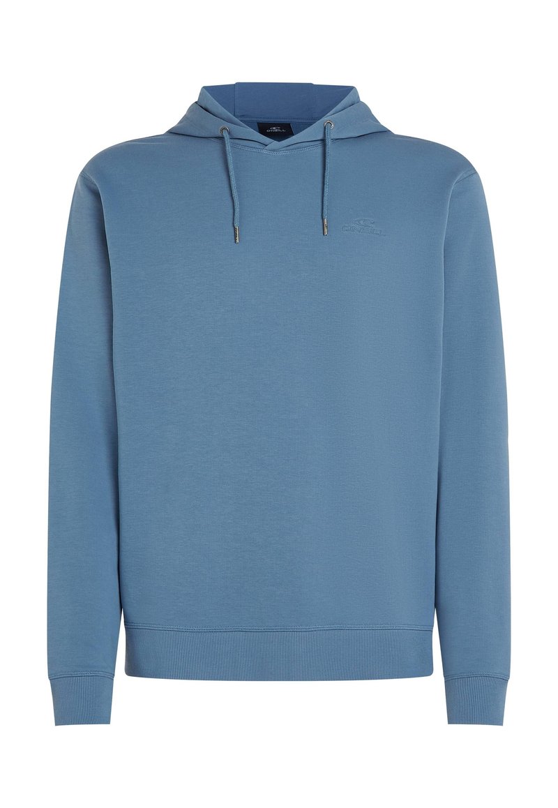 Blauer Baumwoll-Hoodie mit Kapuze mit Kordelzug, vorderer Kängurutasche, gerippten Bündchen und Saum; mit kleinem Logo auf der Brust.
