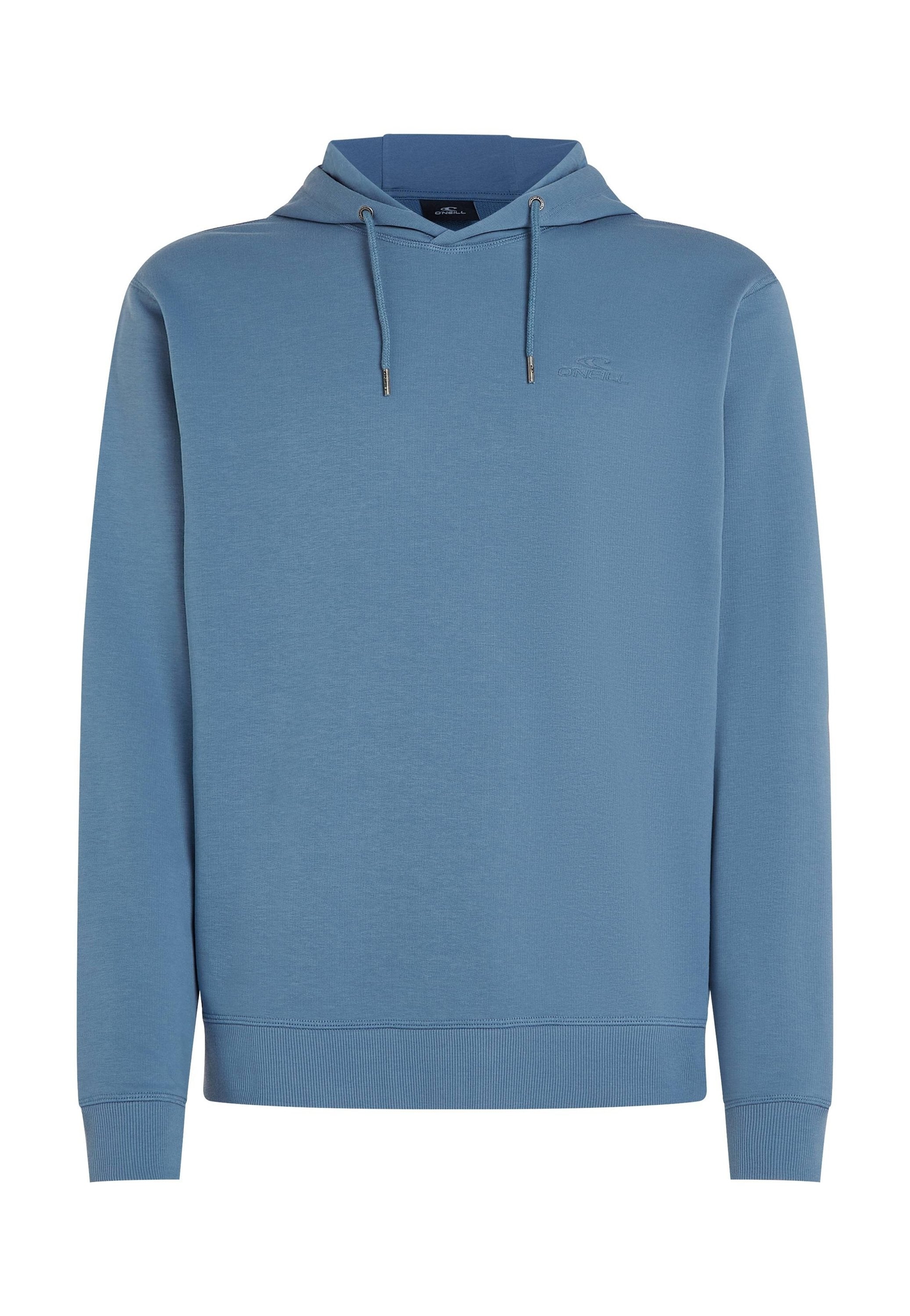 Blauer Baumwoll-Hoodie mit Kapuze mit Kordelzug, vorderer Kängurutasche, gerippten Bündchen und Saum; mit kleinem Logo auf der Brust.