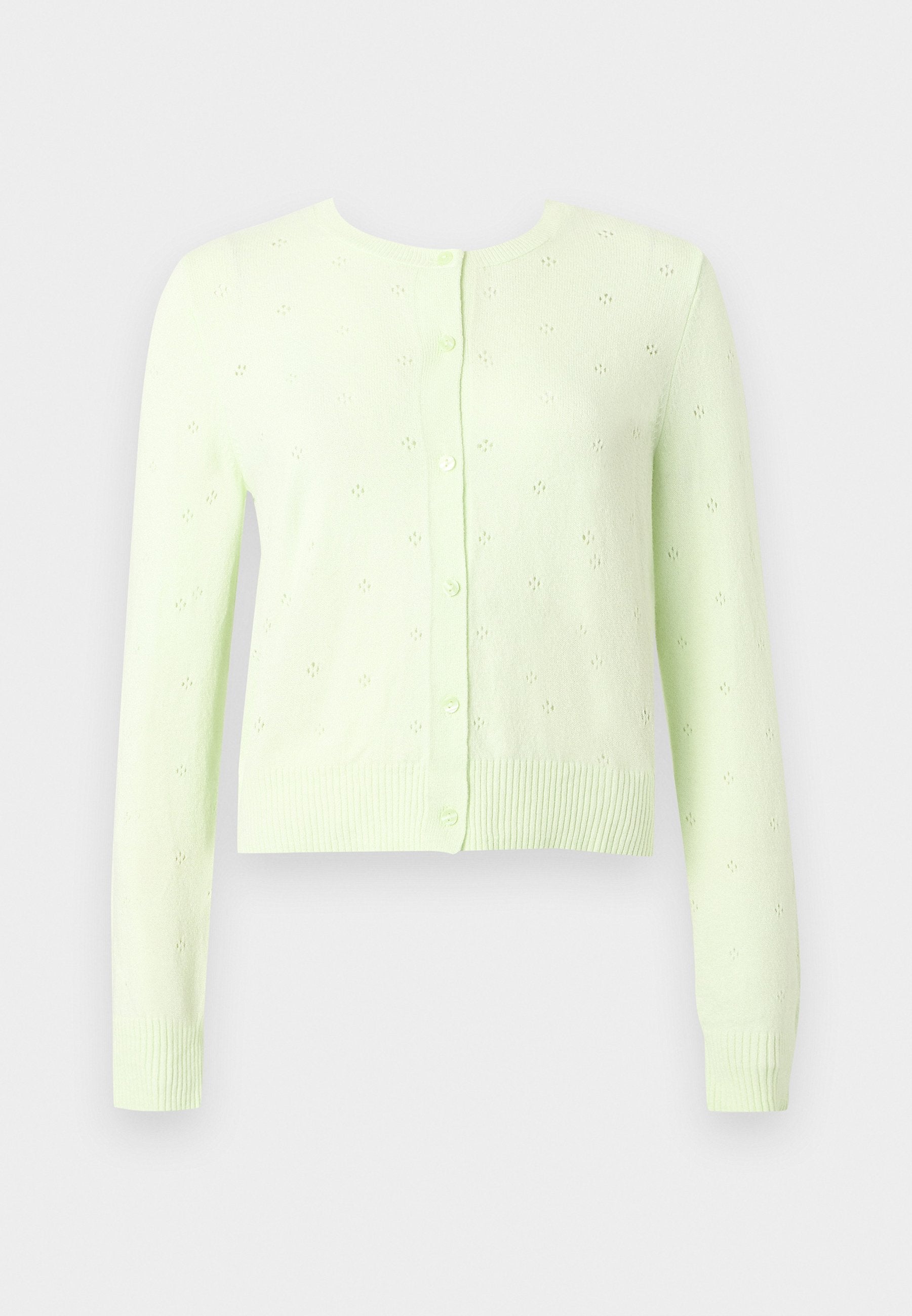 Hellgrüne, gestrickte Strickjacke mit langen Ärmeln, Knopfverschluss, kleinem Lochmuster sowie Rippbund an Ärmeln und Saum.