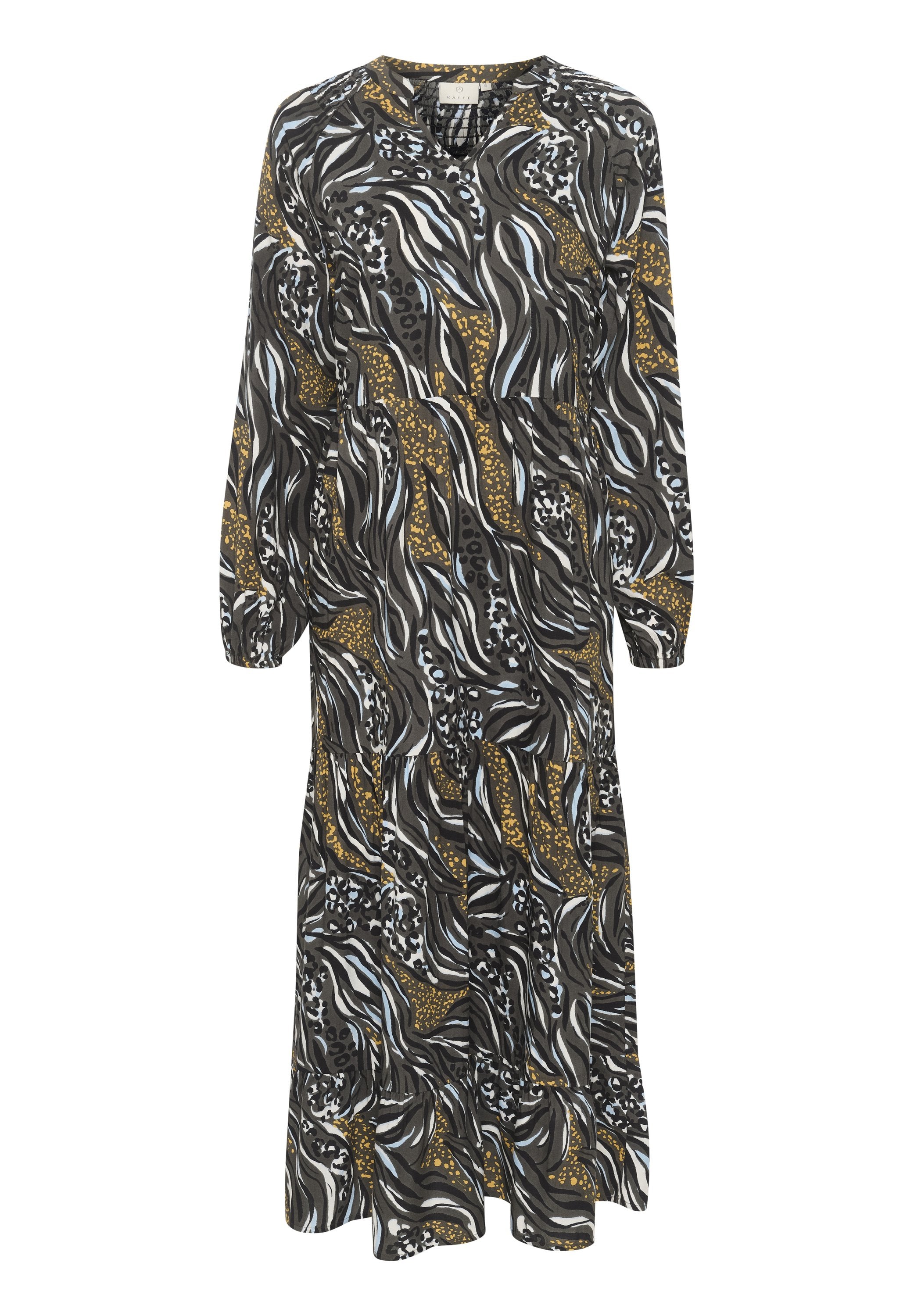 Langärmliges Kleid in Schwarz mit einem fließenden, abstrakten Muster in Gelb, Blau und Weiß. Es hat einen runden Ausschnitt und einen gestuften Saum.