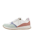 Weiße Sneaker mit pastellgrünen, lavendelfarbenen und rosa Wildlederelementen. Verfügt über einen seitlichen Reißverschluss, eine Schnürung vorne und eine strukturierte Gummisohle.