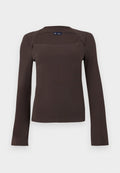 Dunkelbraunes, geripptes Langarmshirt mit quadratischem Ausschnitt und leichtem Kragen, in Größe Small von GAP, vor einfachem Hintergrund gezeigt.