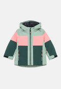 Kinder Winterjacke mit Kapuze, Frontreißverschluss, seitlichen Reißverschlusstaschen und Farbblockdesign in Mintgrün, Pink und Dunkelgrün.