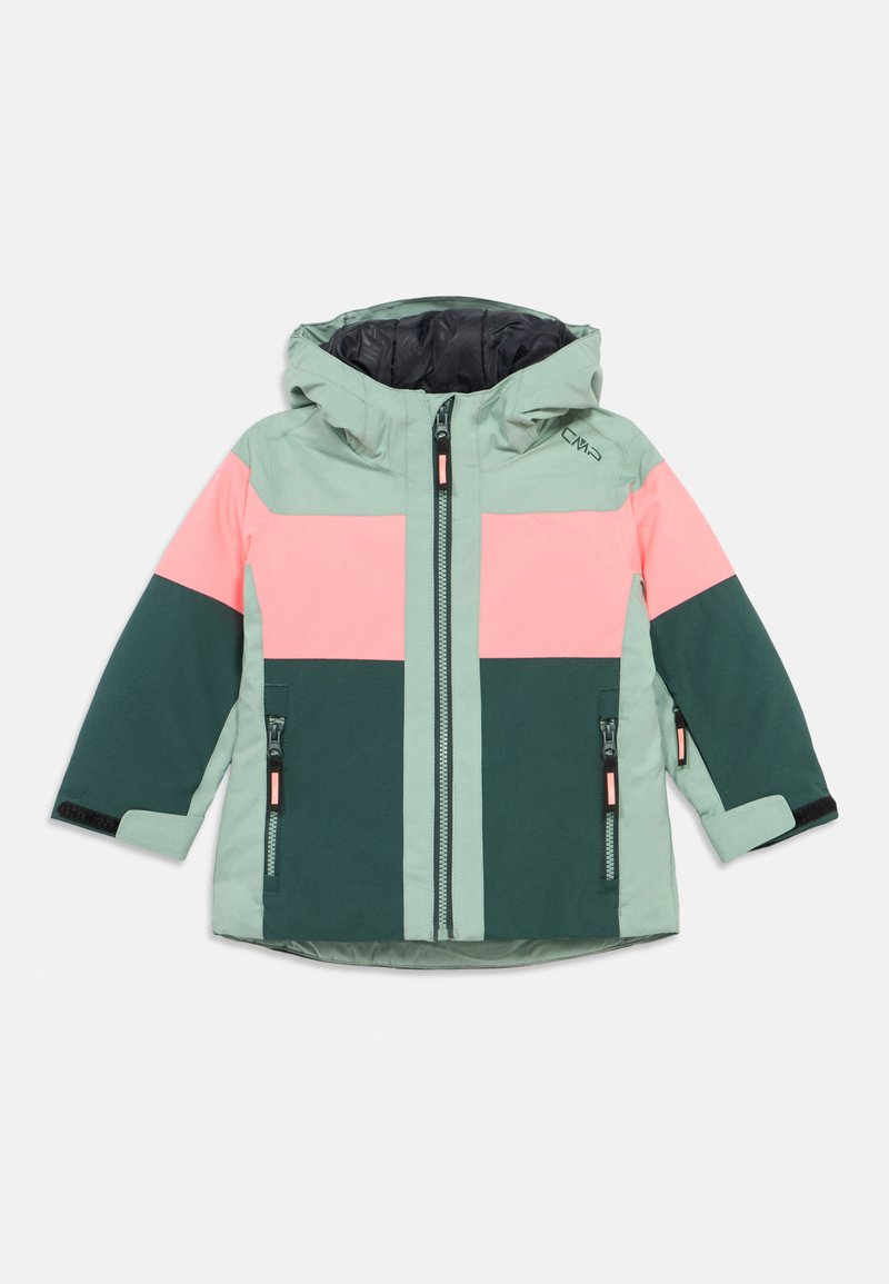 Kinder Winterjacke mit Kapuze, Frontreißverschluss, seitlichen Reißverschlusstaschen und Farbblockdesign in Mintgrün, Pink und Dunkelgrün.
