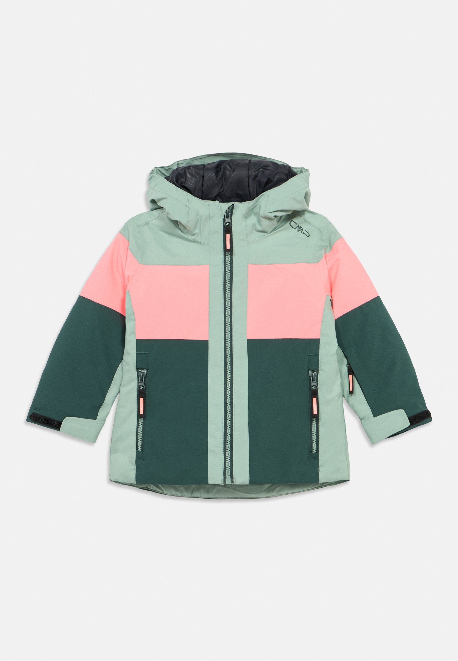 Kinder Winterjacke mit Kapuze, Frontreißverschluss, seitlichen Reißverschlusstaschen und Farbblockdesign in Mintgrün, Pink und Dunkelgrün.