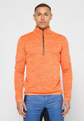 Oranger Pullover mit hohem Kragen und halbhohem Reißverschluss. Strukturierter Stoff, schlanke Passform, mit Logodetail auf der Schulter.