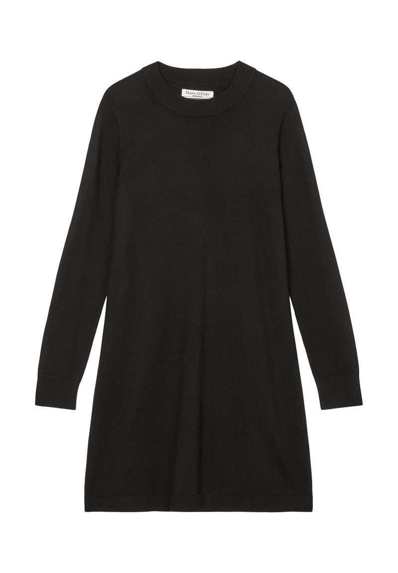 Schwarzes Langarmkleid aus weichem Stoff. Es hat einen runden Ausschnitt, eine lockere Passform und gerippte Manschetten. Einfaches, schmuckloses Design.