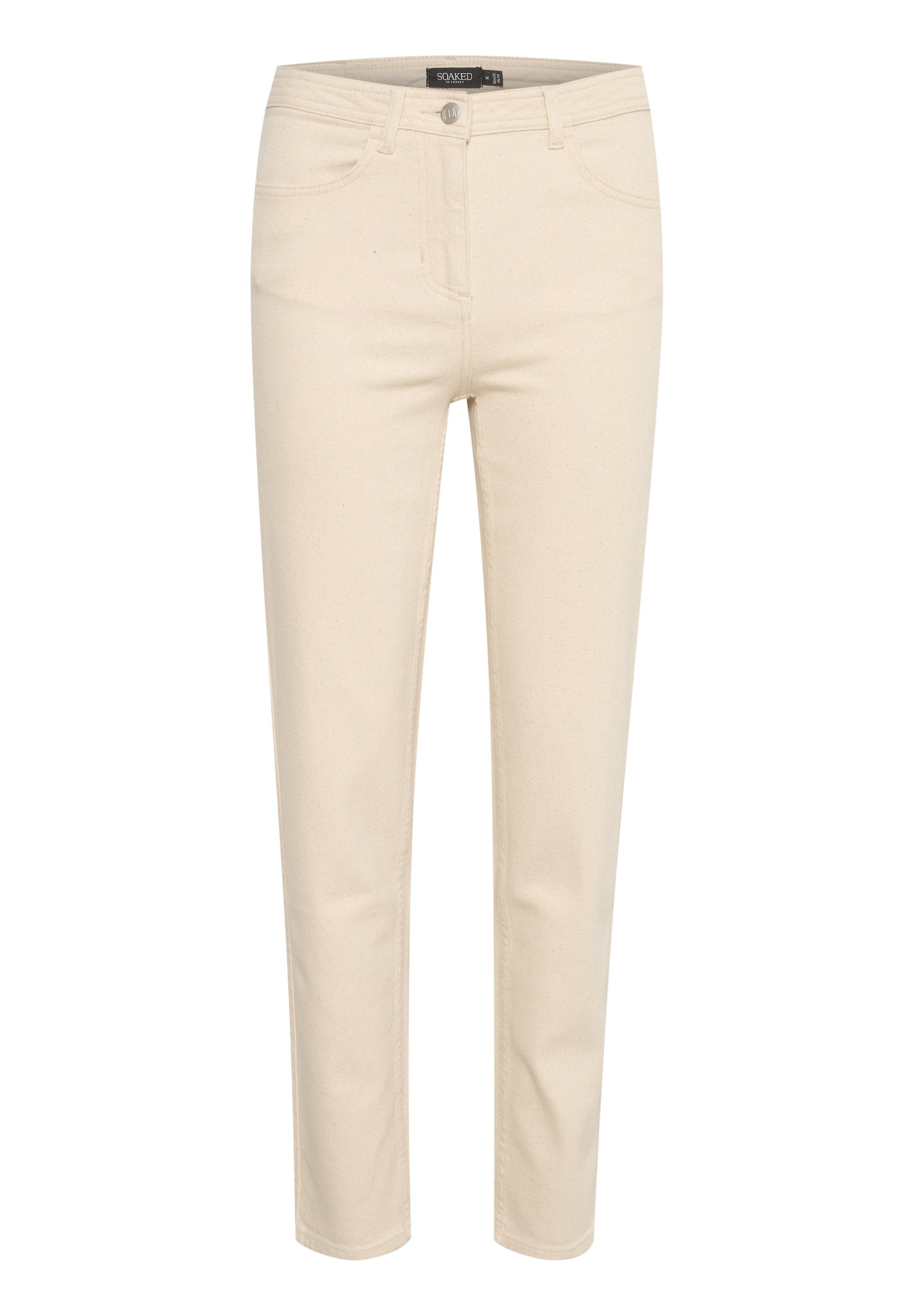 Beige Denim-Jeans mit enger Passform, Fünf-Taschen-Design und einem Reißverschluss vorne. Mit einer gestickten Taille und subtiler Textur.