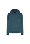 Türkise Kapuzenjacke aus weichem Stoff. Verfügt über eine Kängurutasche und gerippte Bündchen. Auf der Vorderseite befindet sich schwarzer Text: "The Future Surf Society."