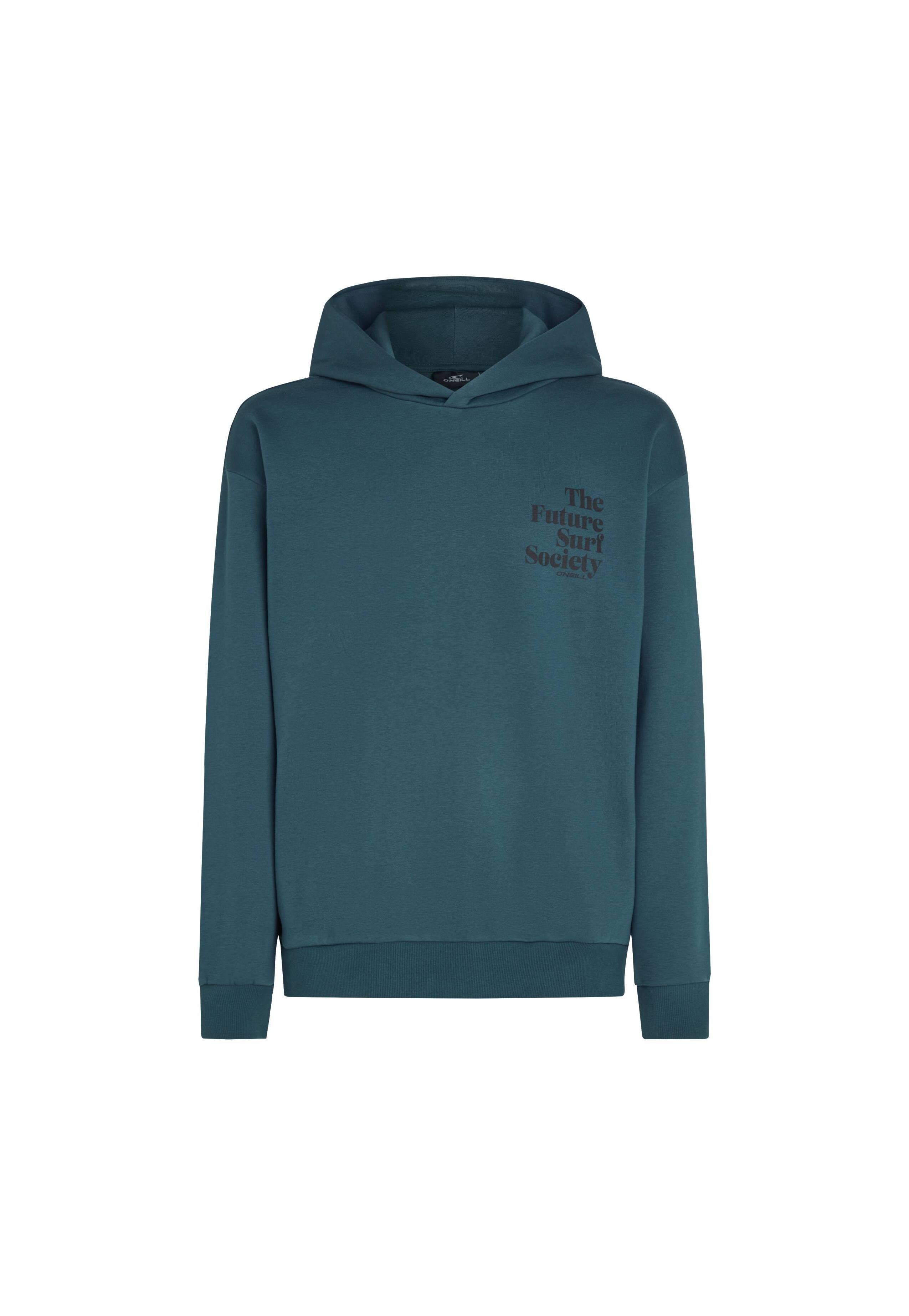 Türkise Kapuzenjacke aus weichem Stoff. Verfügt über eine Kängurutasche und gerippte Bündchen. Auf der Vorderseite befindet sich schwarzer Text: "The Future Surf Society."