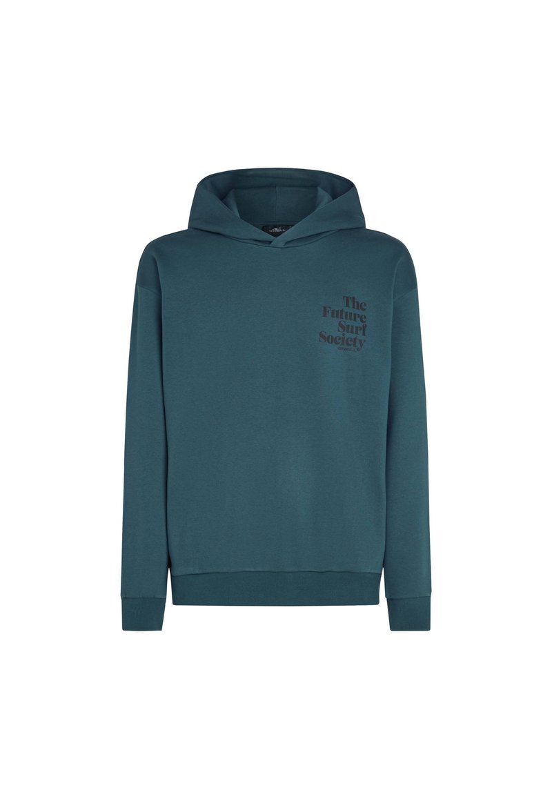 Türkise Kapuzenjacke aus weichem Stoff. Verfügt über eine Kängurutasche und gerippte Bündchen. Auf der Vorderseite befindet sich schwarzer Text: "The Future Surf Society."