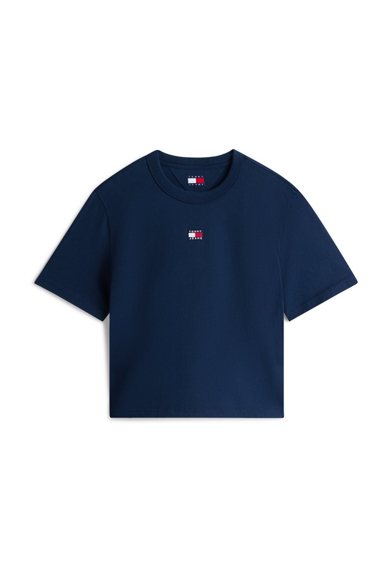 Marineblaues kurzärmeliges Cropped-T-Shirt mit kleinem Tommy Jeans Logo, zentriert nahe dem Ausschnitt.