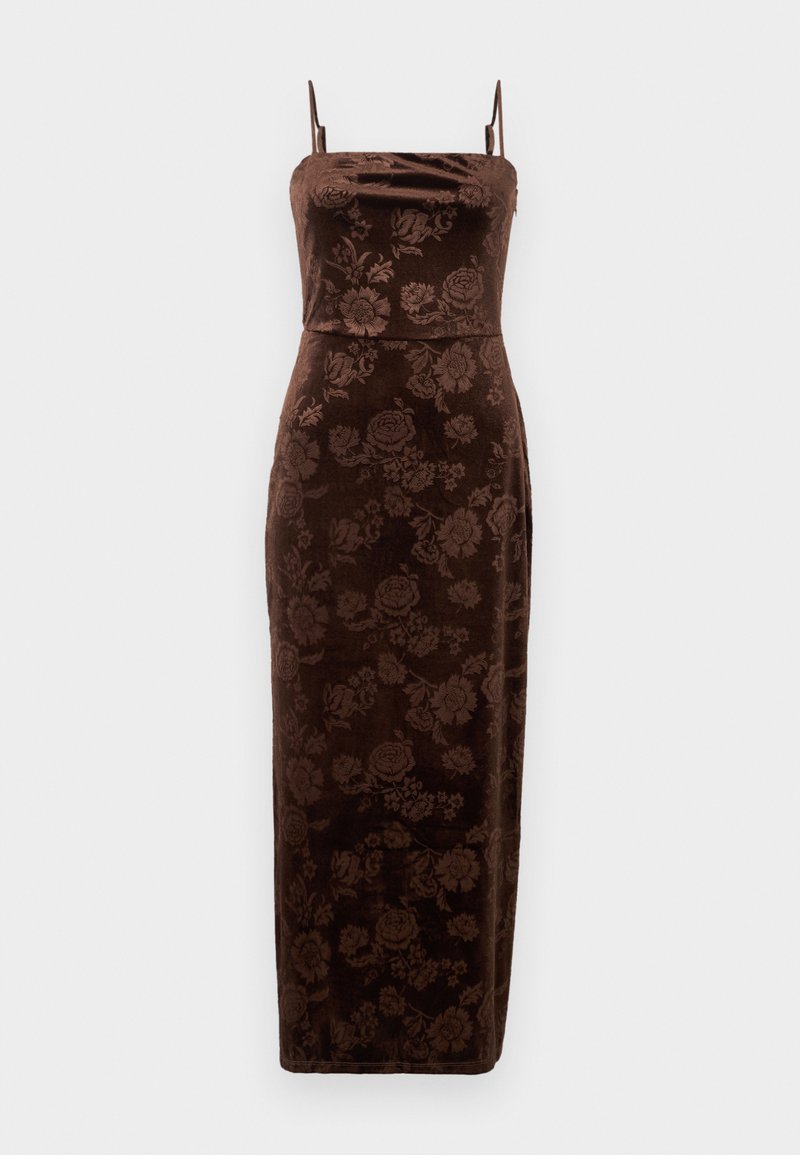 Braunes, geblümtes Midikleid mit Spaghettiträgern, strukturiertem samtigem Stoff, figurbetonter Silhouette und einem Seitenschlitz für mehr Bewegungsfreiheit.