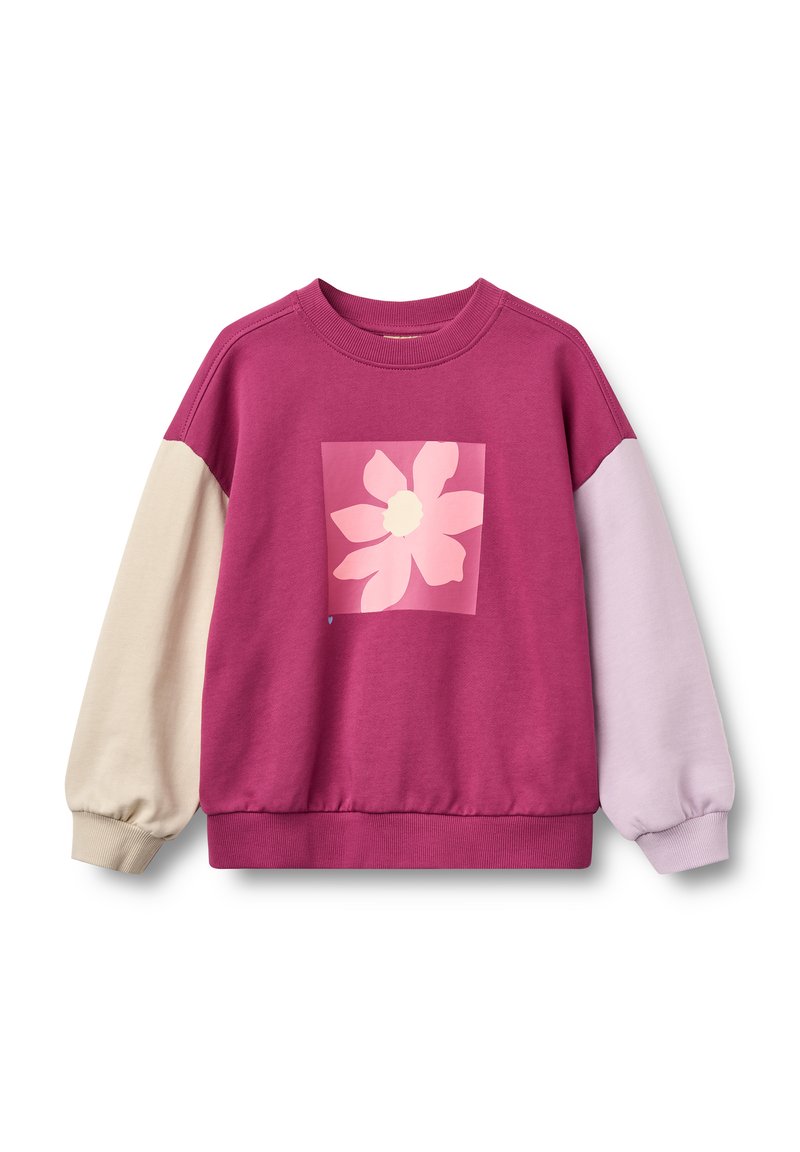 Kinder-Sweatshirt mit langen Ärmeln, dunkelpinkem Körper, hellbeigem linken Ärmel, hellpinkem rechten Ärmel und einem pinken Blumenmotiv auf der Brust.