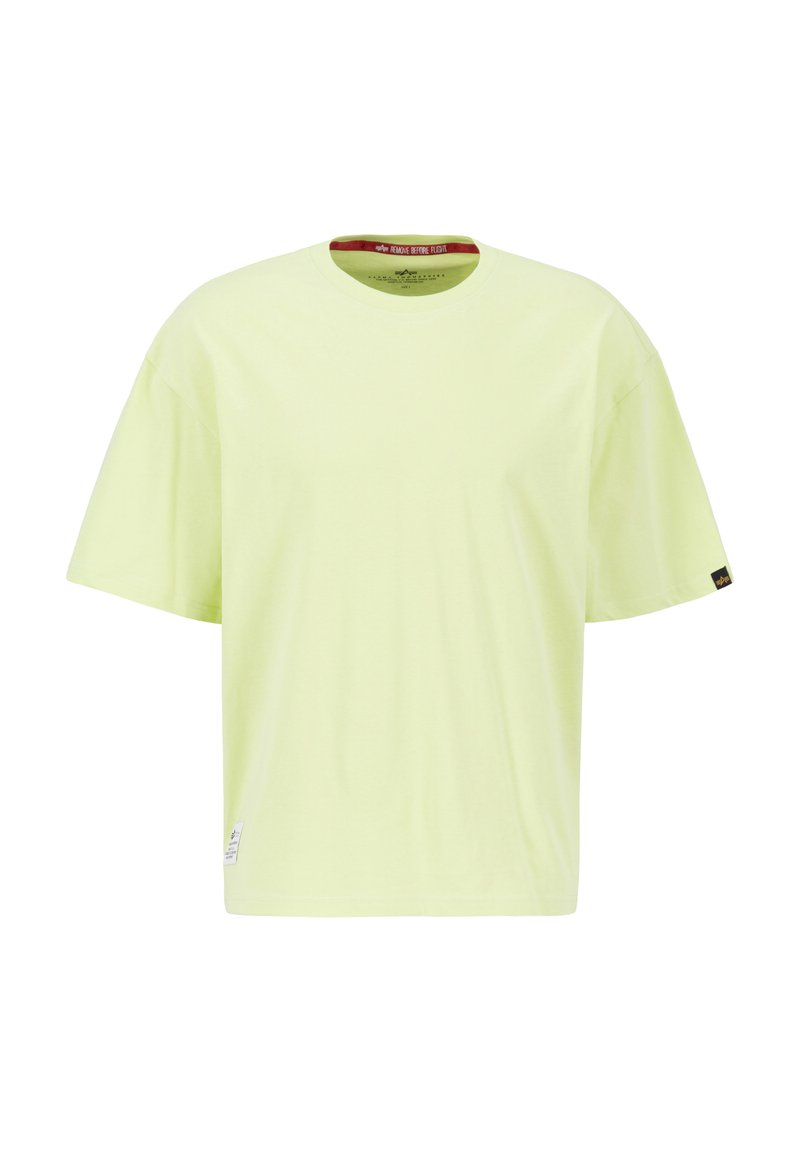 Hellgrünes Baumwoll-T-Shirt, oversized Passform, Rundhalsausschnitt, kurze Ärmel. Besitzt ein kleines Markenlabel am Saum für zusätzliche Details.