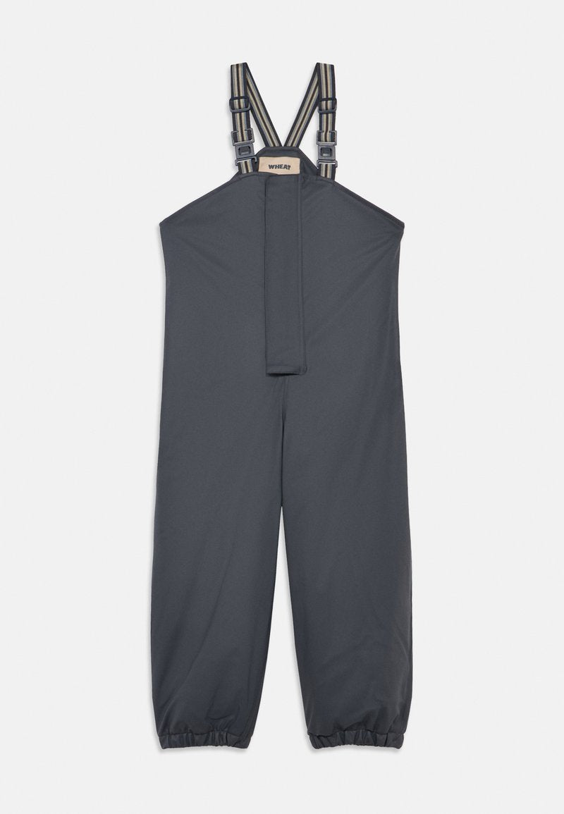 Dunkelgraue Latzhose mit verstellbaren gestreiften Trägern, elastischen Bündchen und einer Fronttasche, aus leichtem Stoff gefertigt.