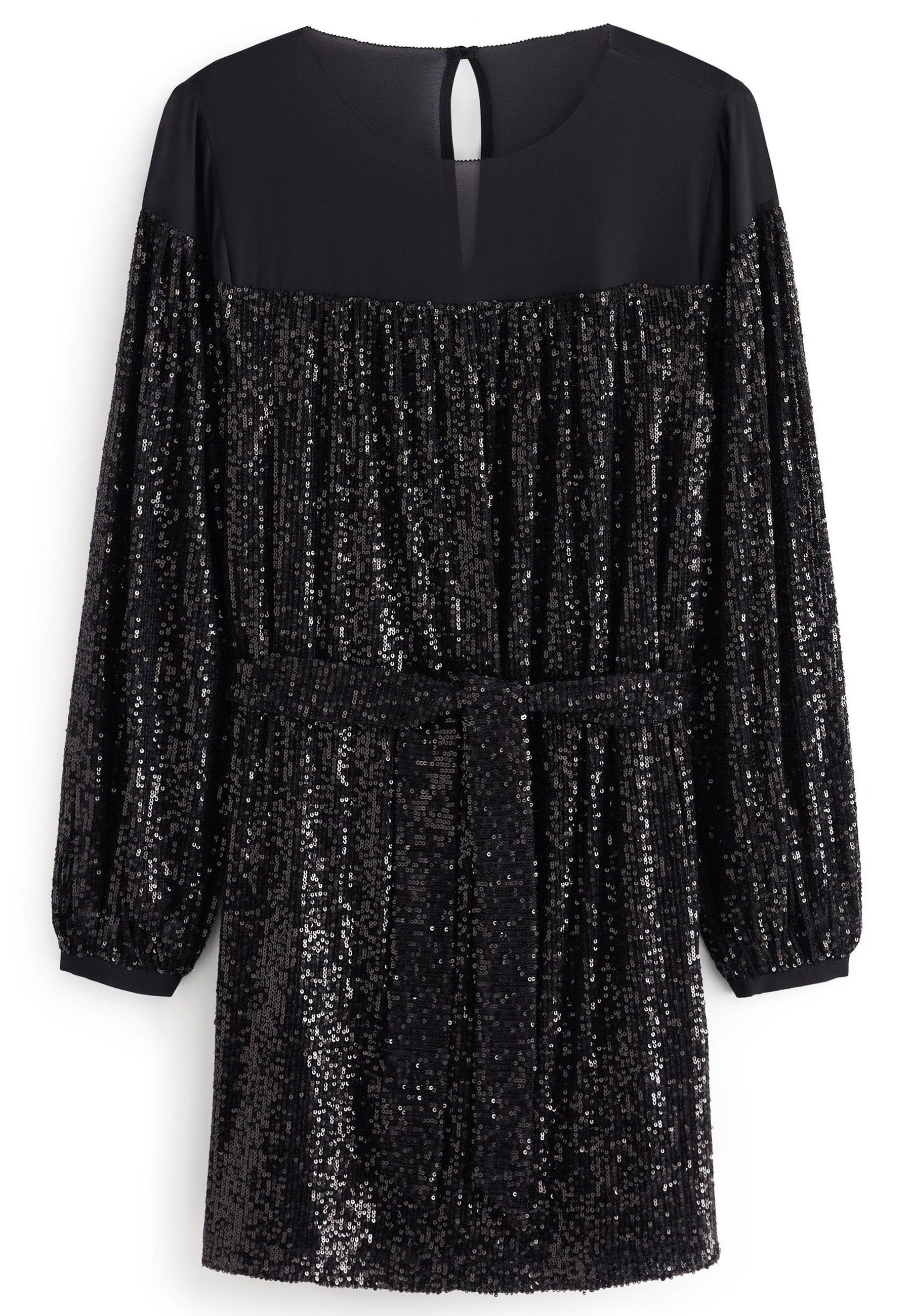 Schwarzes Kleid mit einem glitzernden unteren Teil und geraffter Textur, langen Ärmeln und einem Rundhalsausschnitt mit einem Schlüssel-Ausschnitt hinten.