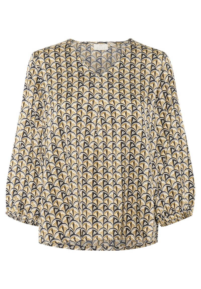 Bedruckte Bluse mit V-Ausschnitt, langen Ärmeln und elastischen Bündchen. Sie zeigt ein sich wiederholendes Muster aus goldenen und weißen Blattformen auf schwarzem Hintergrund.