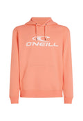 Korallefarbener Hoodie aus weichem Stoff, mit einer Fronttasche, einer Kordelzugkapuze und einem großen weißen O'Neill-Logo auf der Brust.