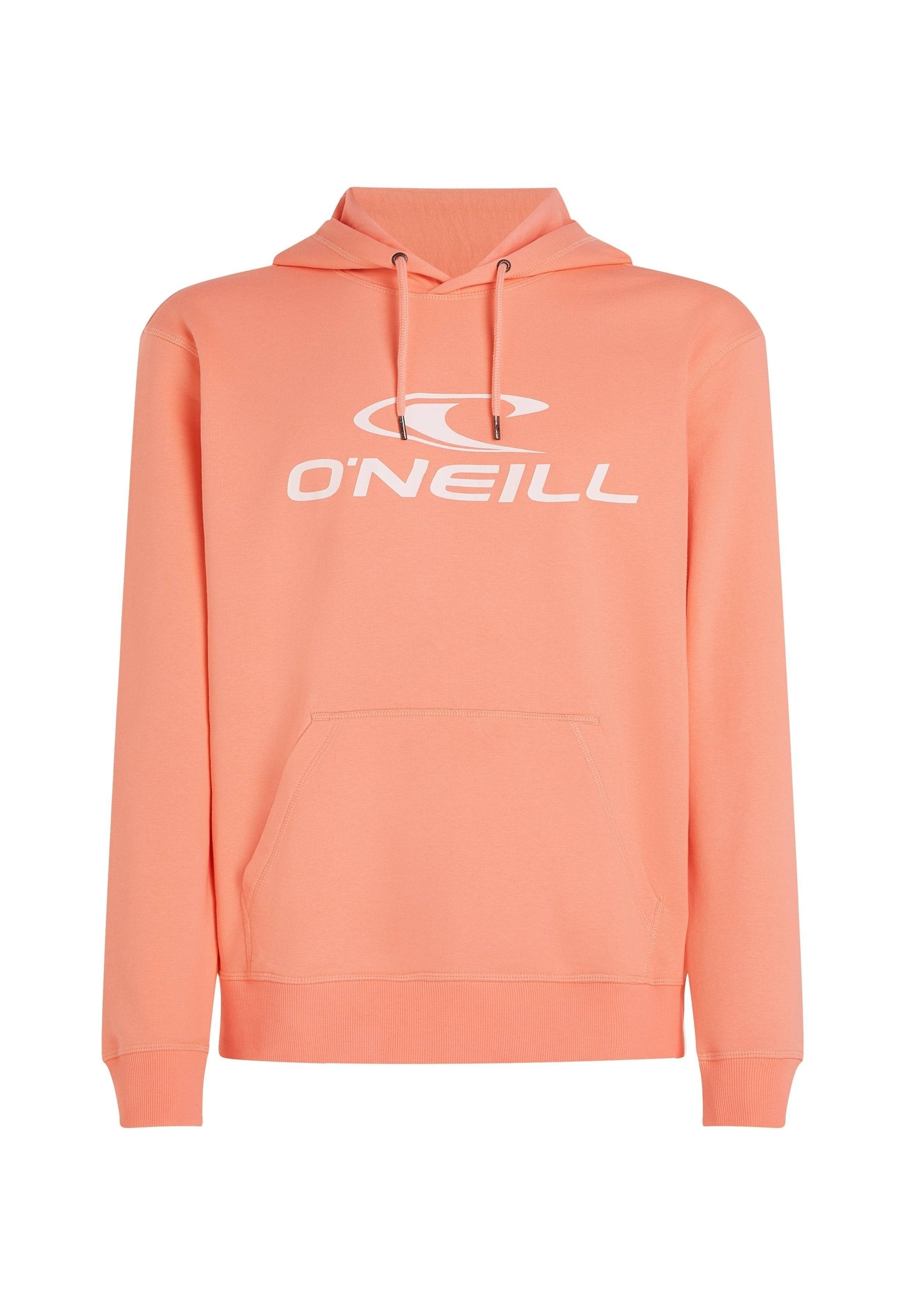 Korallefarbener Hoodie aus weichem Stoff, mit einer Fronttasche, einer Kordelzugkapuze und einem großen weißen O'Neill-Logo auf der Brust.
