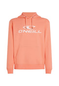 Korallefarbener Hoodie aus weichem Stoff, mit einer Fronttasche, einer Kordelzugkapuze und einem großen weißen O'Neill-Logo auf der Brust.