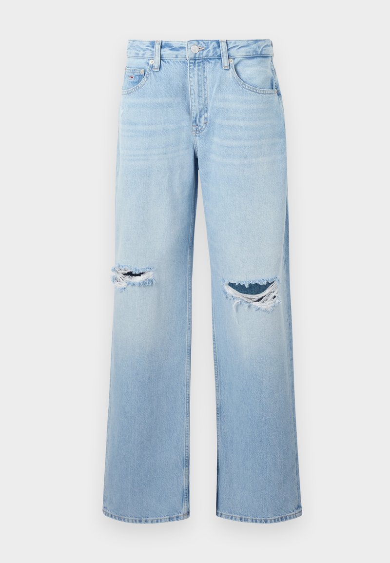 Helleblaue Denim-Jeans mit weitem Bein, die an den Knien ausgefranste Risse und einen klassischen Fünf-Taschen-Stil aufweisen.
