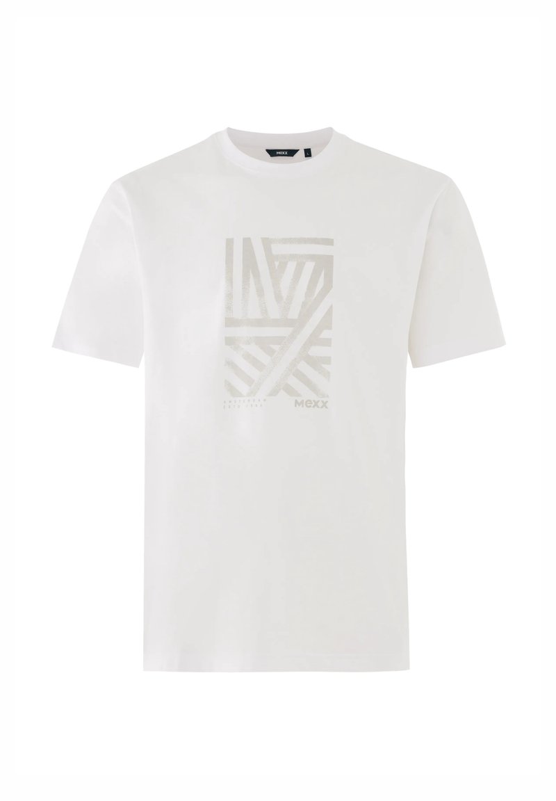 Weißes T-Shirt mit kurzen Ärmeln und Rundhalsausschnitt, mit einem geometrischen Muster und dem "MEXX"-Logo in Hellgrau auf der vorderen Mitte.
