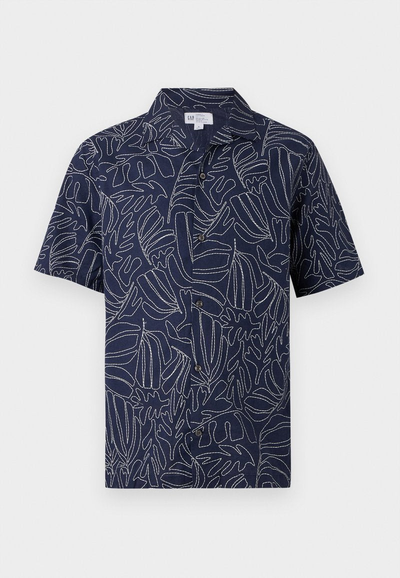 Herren Hemd in Marineblau mit kurzen Ärmeln, Knopfleiste, weißen abstrakten Blattlinienmustern und Kragen.