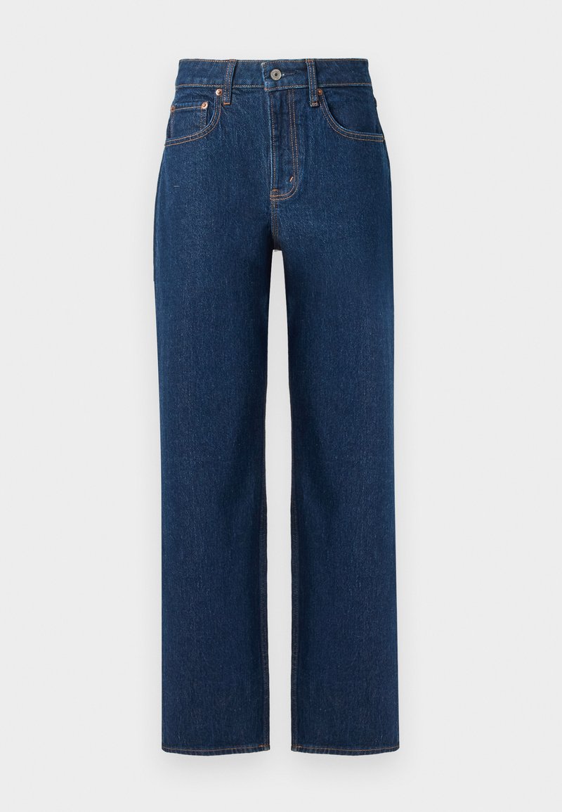Dunkelblaue Jeans aus Denim mit geradem Bein, orangefarbenen Nähten, fünf Taschen und klassischem Knopfverschluss.