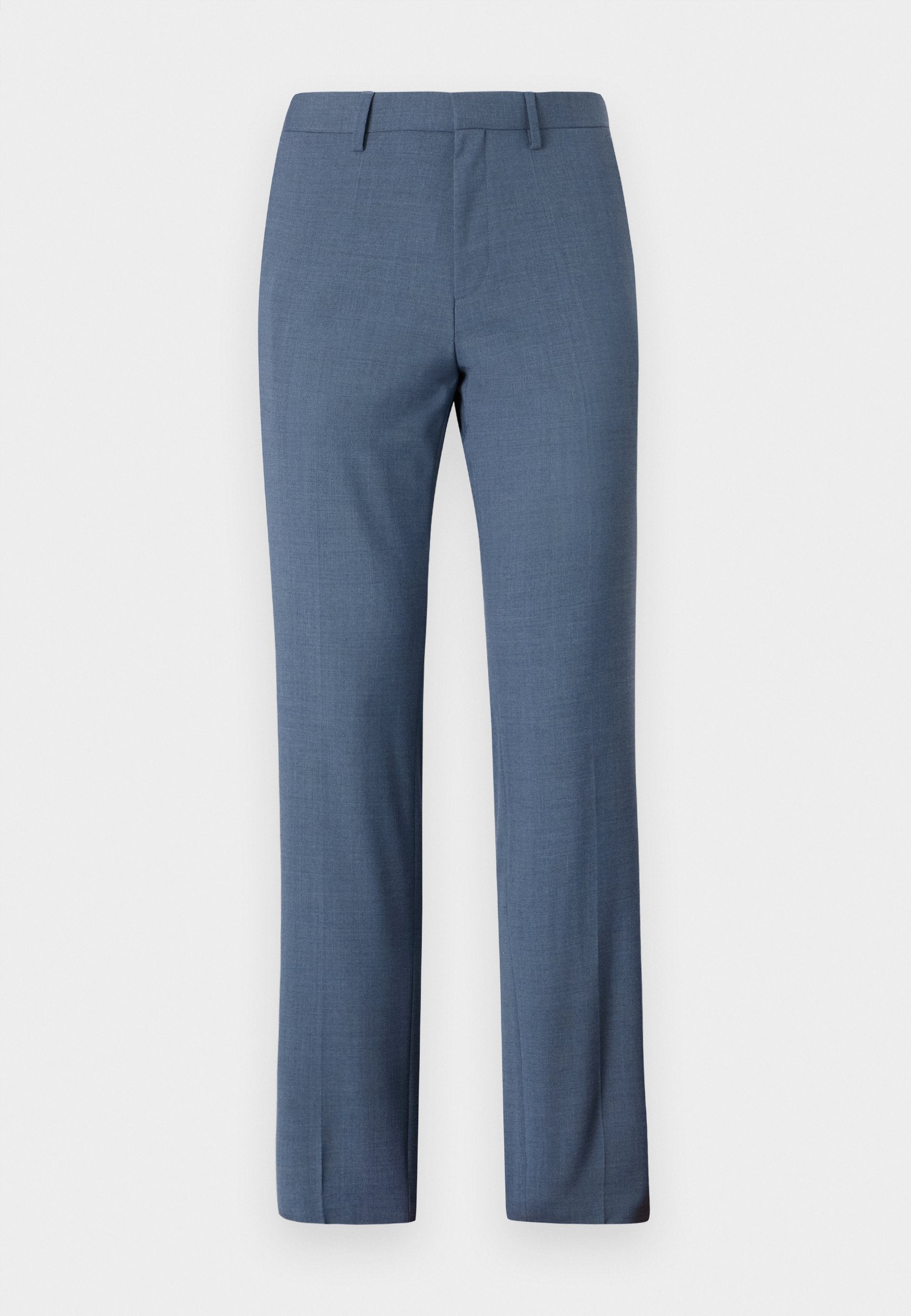 Hose aus hellblauem Stoff mit glatter Textur, mit geradem Schnitt, zwei vorderen Taschen und flachem Design.