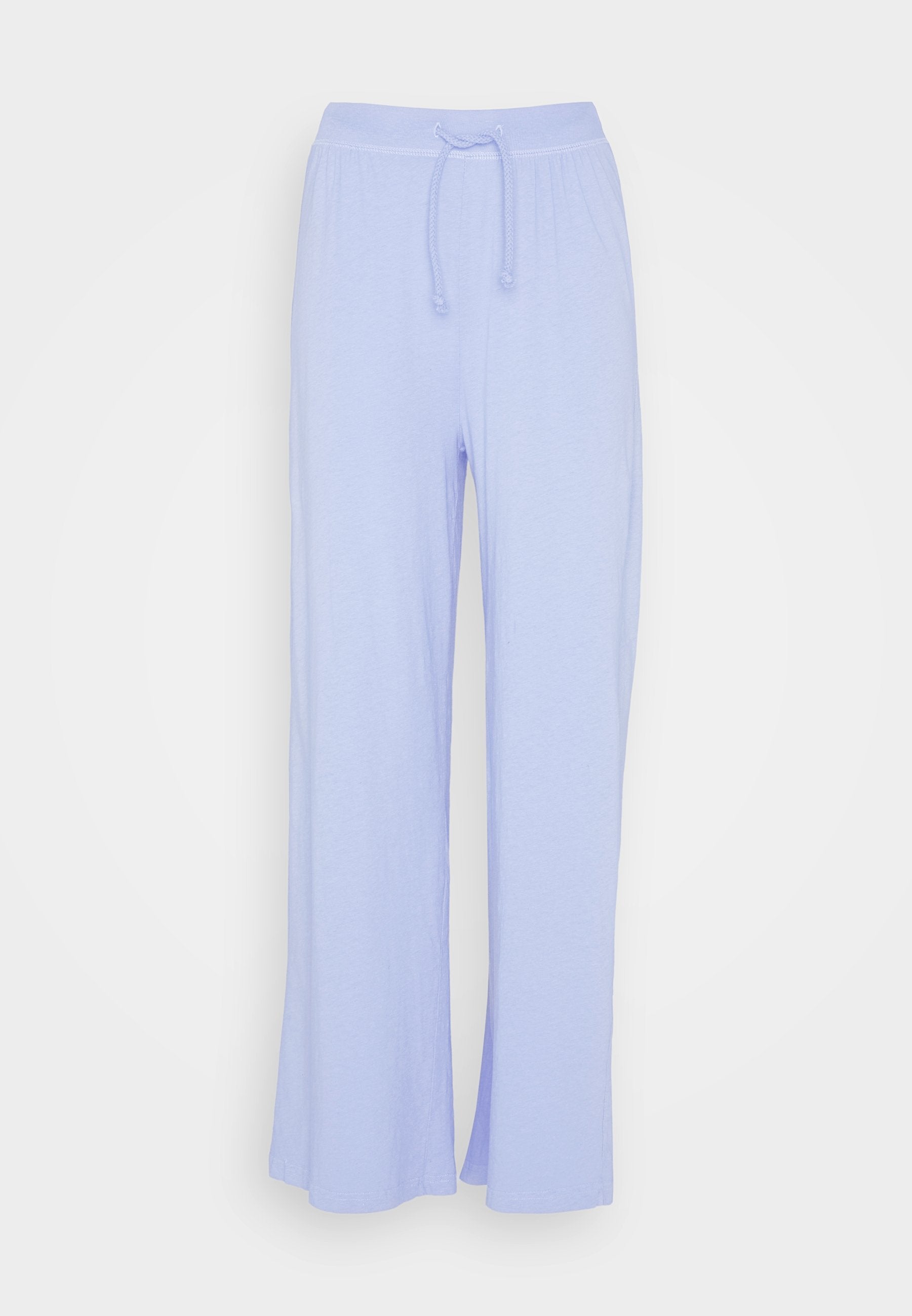 Hellblaue weit geschnittene Hose aus weicher Stoffqualität, mit einem elastischen Bund und Kordelzug, sowie einer glatten Textur.