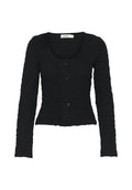 Schwarze, strukturierte Strickjacke mit rundem Ausschnitt, langen Ärmeln und geradem Saum. Verfügt über sechs schwarze Knöpfe auf der Vorderseite.